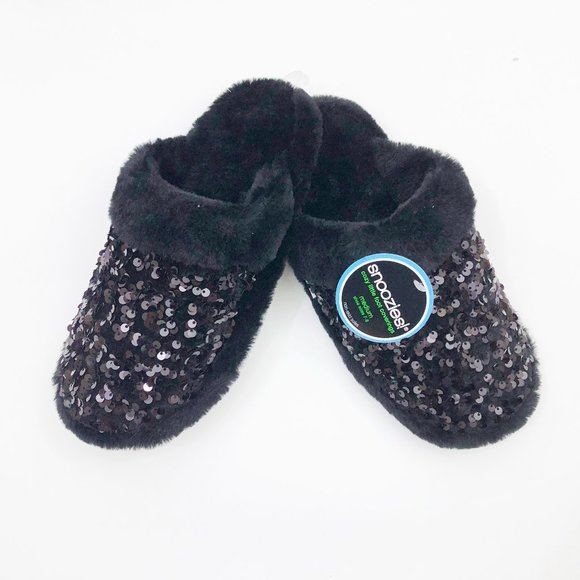 NWT Snoozies Women's Black Sequin Glam Slide Slippers Med 7/8 Non Skid Soles - Picture 4 of 6